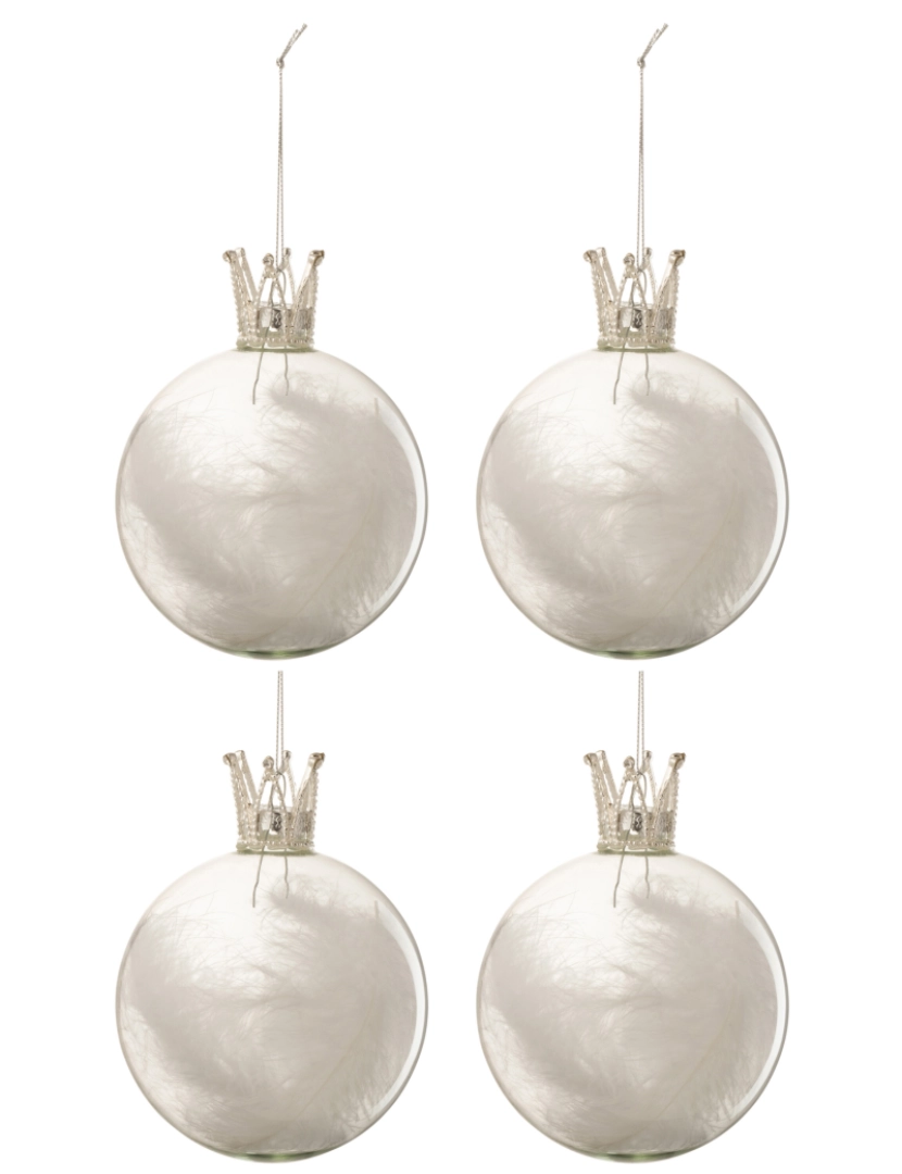 J-Line - Caixa J-Line de 4 bolas de Natal Coroa Plumes Branco Vidro transparente Médio
