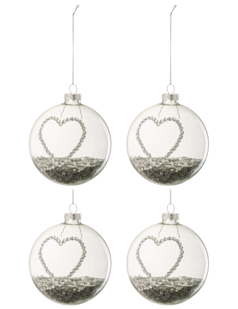 J-Line - Caixa J-Line de 4 bolas de Natal Coração Strass Prata Estrelas Vidro transparente Médio