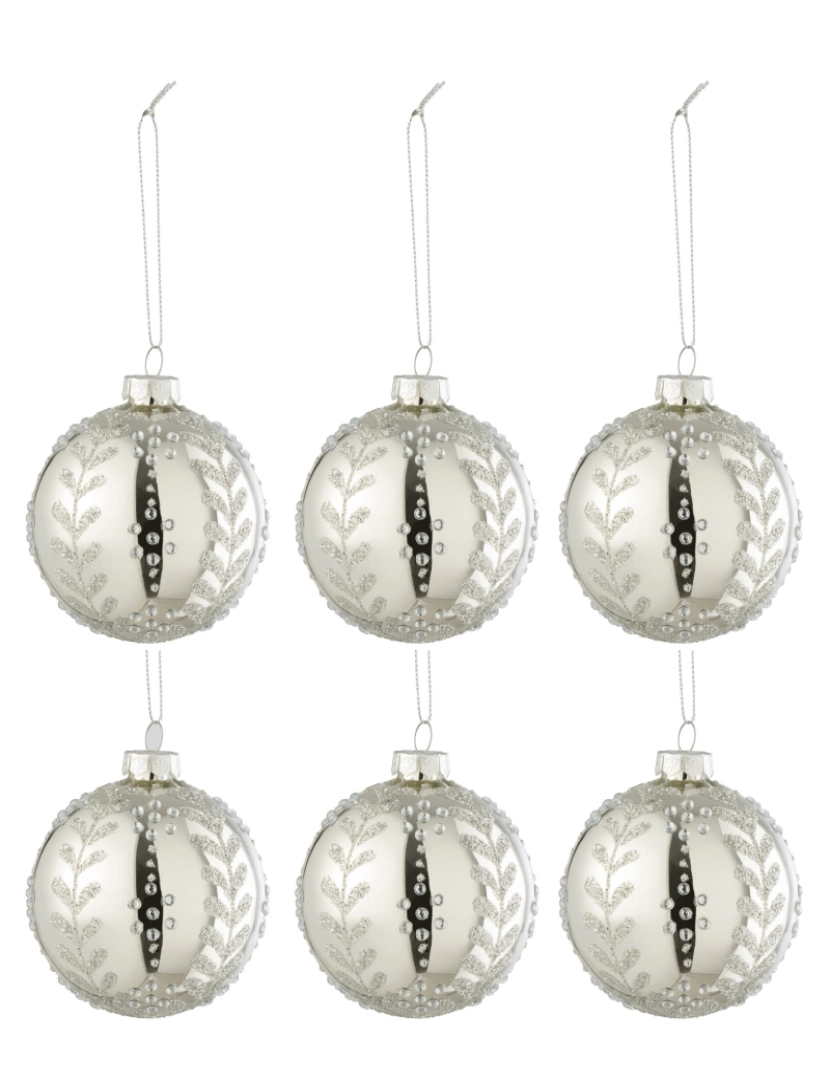 J-Line - J-Line caixa 6 bolas de Natal folhas lantejoulas de vidro brilhando prata pequena