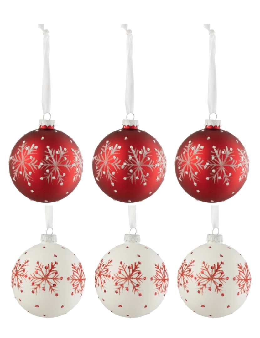 J-Line - J-Line Box 6 bolas de Natal Flocons de neve lantejoulas de vidro branco/vermelho pequeno