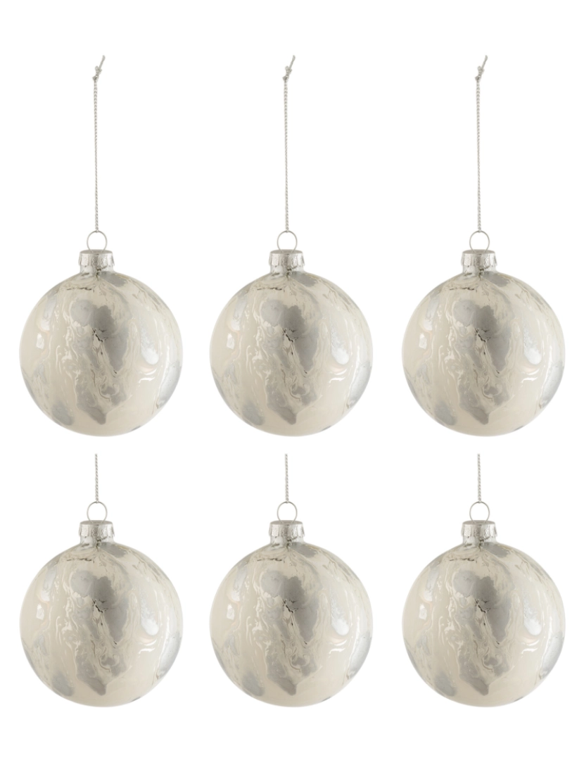 J-Line - Caixa J-Line de 6 bolas de Natal Vidro de mármore branco/prata pequeno