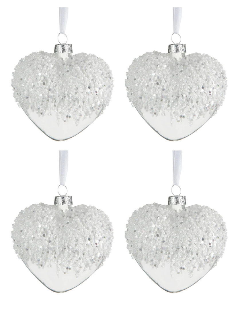 J-Line - Caixa J-Line de 4 contas de coração de bola de Natal de vidro branco transparente