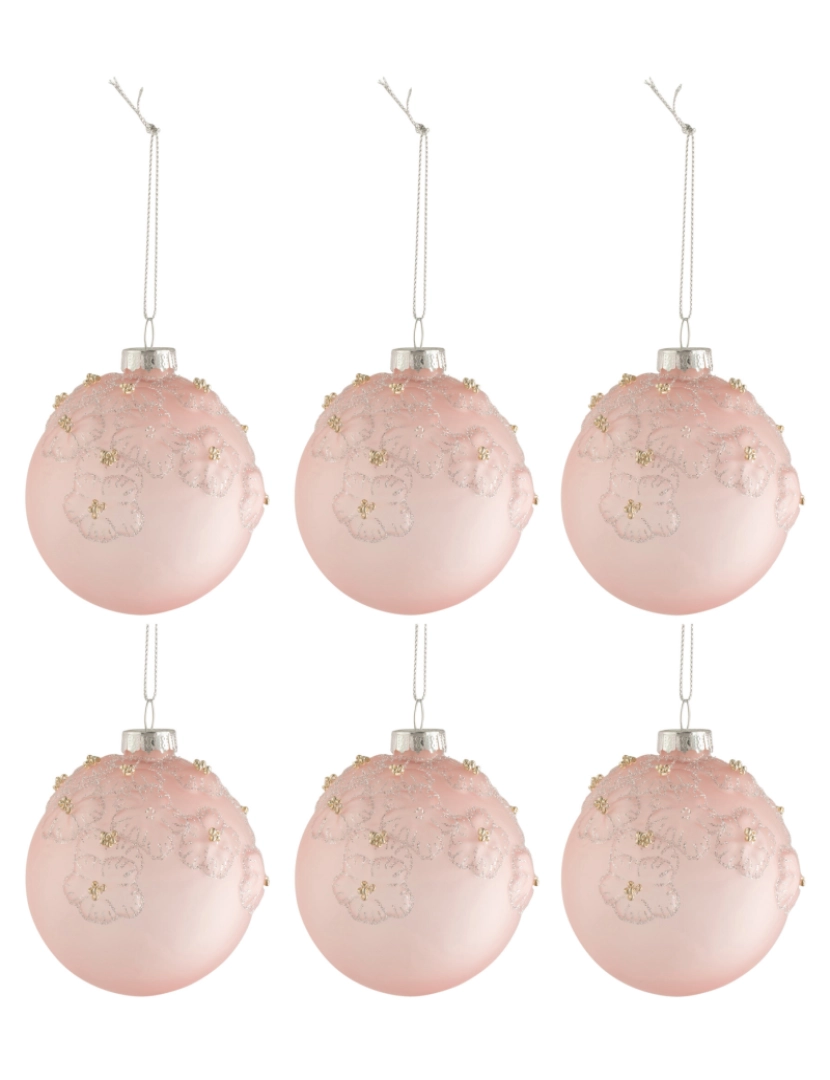 J-Line - Caixa J-Line de 6 bolas de Natal Flores Opal vidro claro rosa pequeno