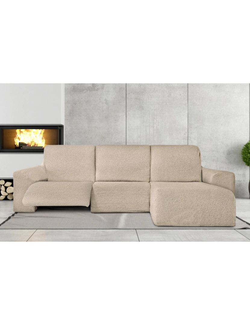 imagem de Capa multielástica para sofá chaise longue relax, em forma de L, com assentos reclináveis e braço curto, orientação direita, tecido durável e adaptável Flexihug, cor bege1