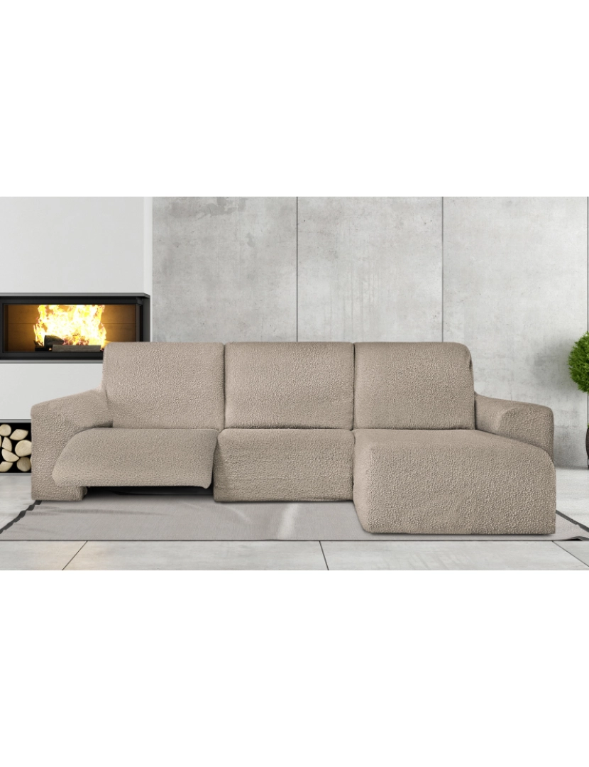 imagem de Capa multielástica para sofá chaise longue relax, em forma de L, com assentos reclináveis e braço curto, orientação direita, tecido durável e adaptável Flexihug, cor bege escuro1