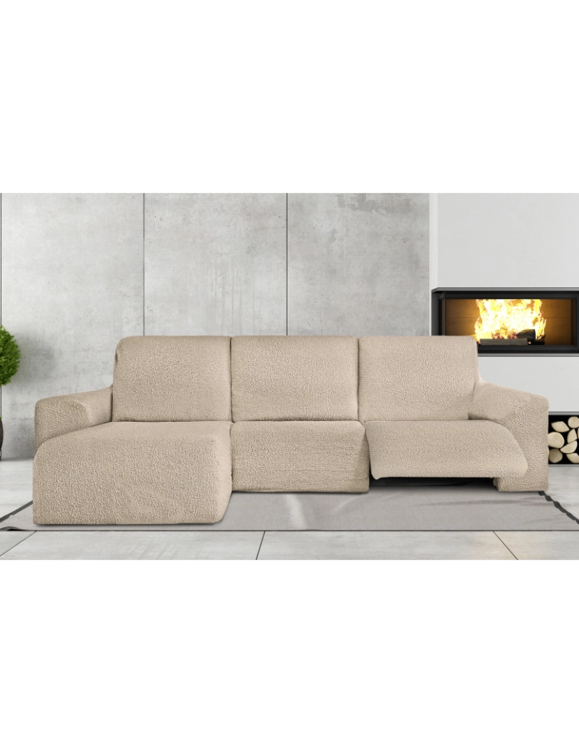 Milica - Capa multielástica para sofá chaise longue relax, em forma de L, com assentos reclináveis e braço curto, orientação esquerda tecido durável e adaptável Flexihug, cor bege