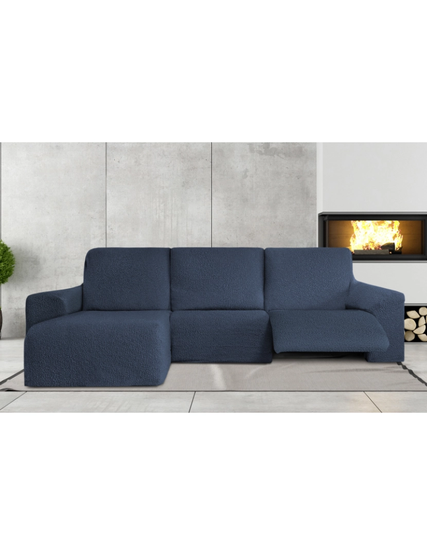 imagem de Capa multielástica para sofá chaise longue relax, em forma de L, com assentos reclináveis e braço curto, orientação esquerda tecido durável e adaptável Flexihug, cor azul1