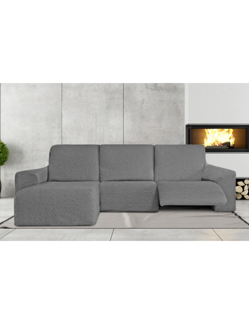 Milica - Capa multielástica para sofá chaise longue relax, em forma de L, com assentos reclináveis e braço curto, orientação esquerda tecido durável e adaptável Flexihug, cor cinza