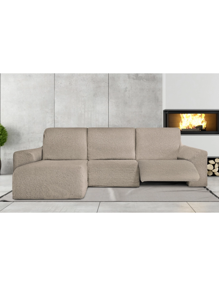 Milica - Capa multielástica para sofá chaise longue relax, em forma de L, com assentos reclináveis e braço curto, orientação esquerda tecido durável e adaptável Flexihug, cor bege escuro