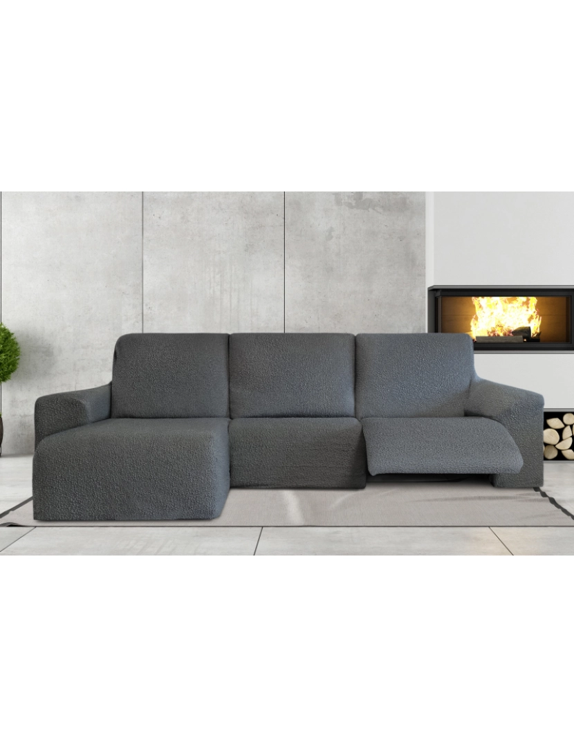 Milica - Capa multielástica para sofá chaise longue relax, em forma de L, com assentos reclináveis e braço curto, orientação esquerda tecido durável e adaptável Flexihug, cor cinza escuro