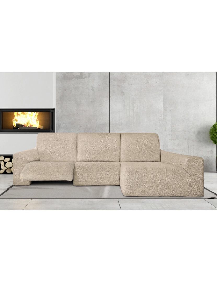 Milica - Capa multielástica para sofá chaise longue relax, em forma de L, com assentos reclináveis e braço longo orientação direita, tecido durável e adaptável Flexihug, cor bege