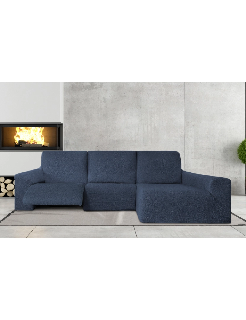 Milica - Capa multielástica para sofá chaise longue relax, em forma de L, com assentos reclináveis e braço longo orientação direita, tecido durável e adaptável Flexihug, cor azul