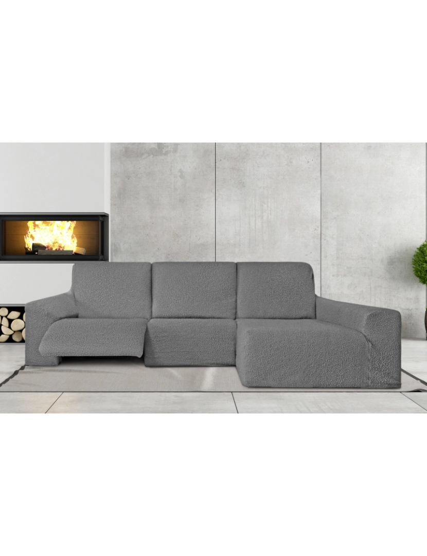 Milica - Capa multielástica para sofá chaise longue relax, em forma de L, com assentos reclináveis e braço longo orientação direita, tecido durável e adaptável Flexihug, cor cinza