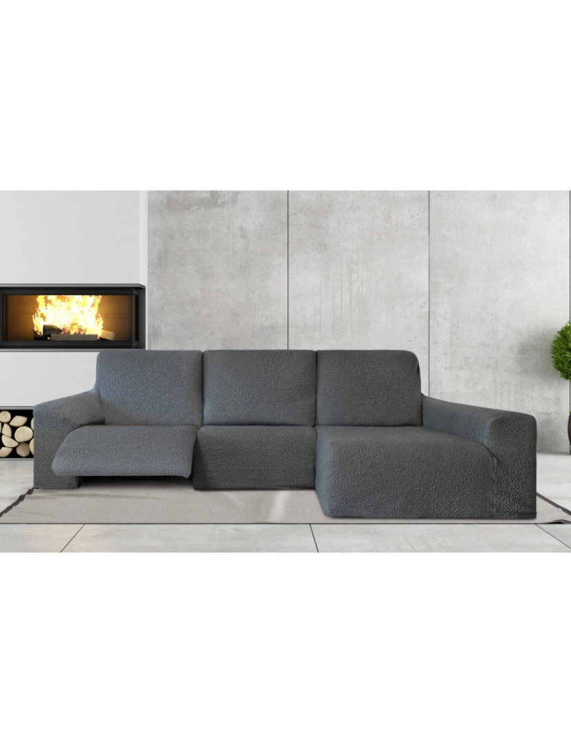 Milica - Capa multielástica para sofá chaise longue relax, em forma de L, com assentos reclináveis e braço longo orientação direita, tecido durável e adaptável Flexihug, cor cinza escuro