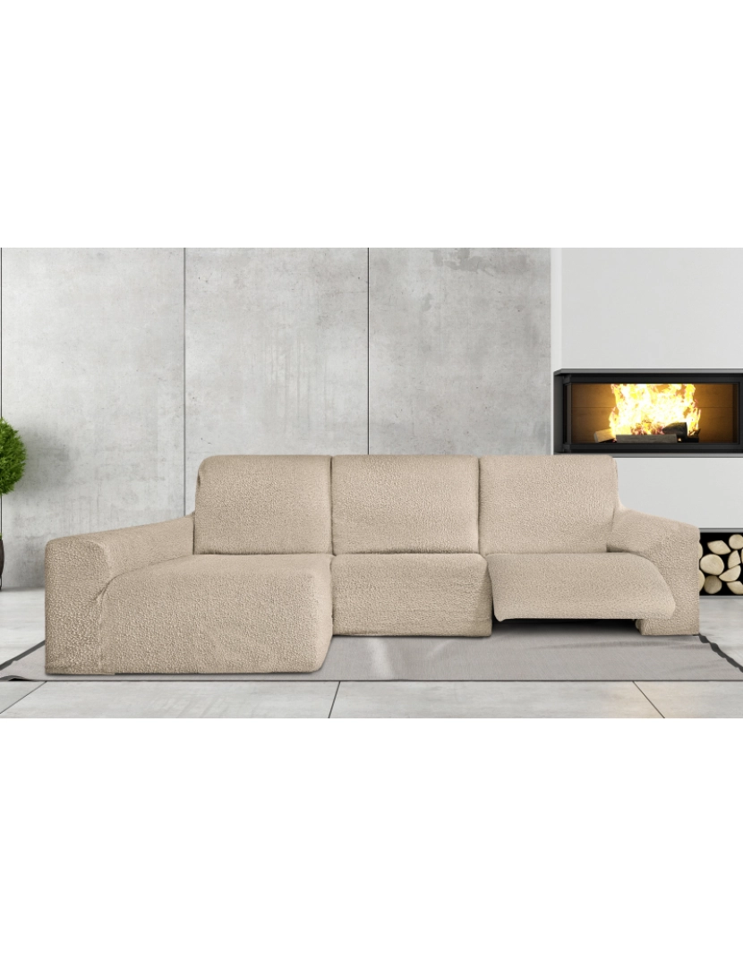 Milica - Capa multielástica para sofá chaise longue relax, em forma de L, com assentos reclináveis e braço longo orientação esquerda tecido durável e adaptável Flexihug, cor bege