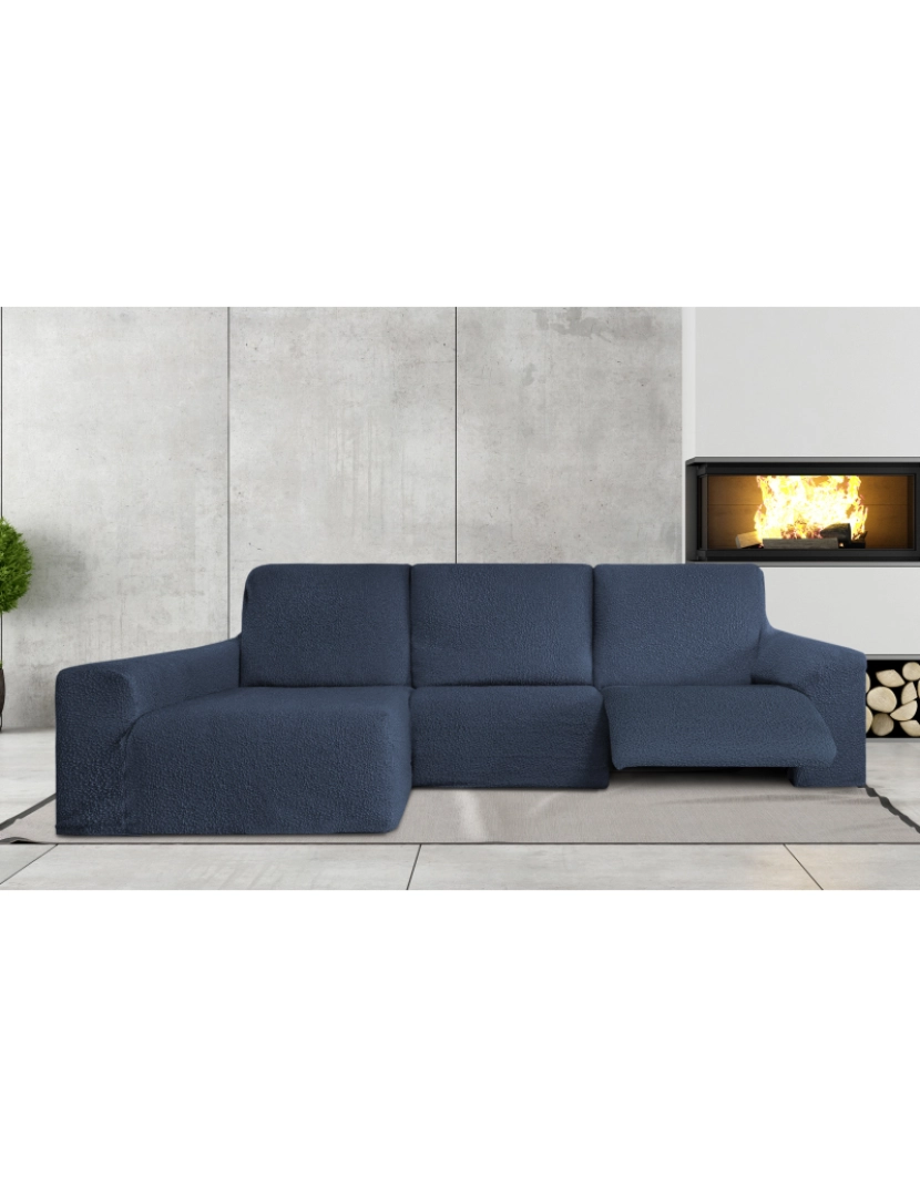 Milica - Capa multielástica para sofá chaise longue relax, em forma de L, com assentos reclináveis e braço longo orientação esquerda tecido durável e adaptável Flexihug, cor azul
