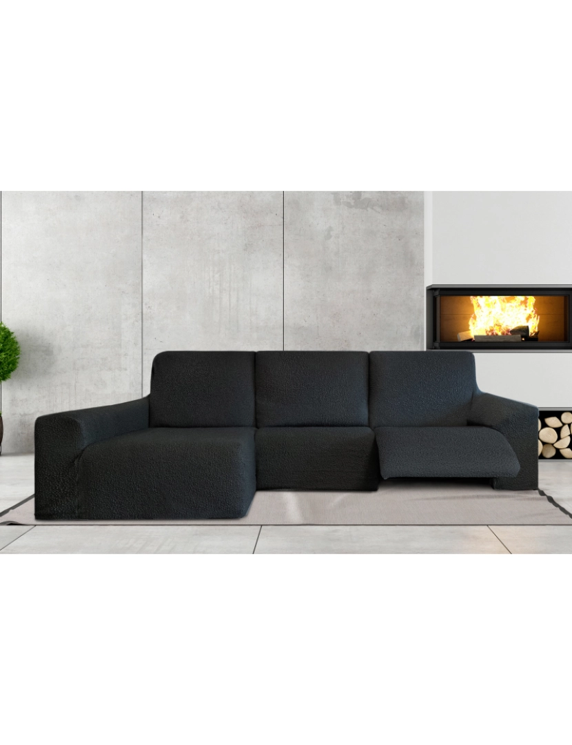Milica - Capa multielástica para sofá chaise longue relax, em forma de L, com assentos reclináveis e braço longo orientação esquerda tecido durável e adaptável Flexihug, cor preto