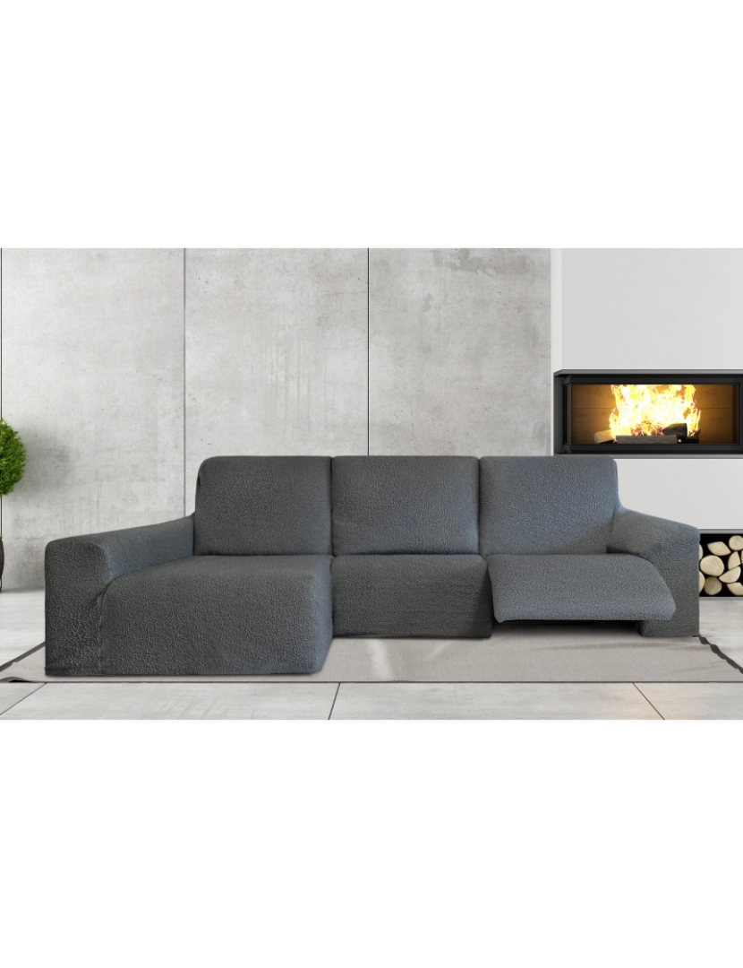 Milica - Capa multielástica para sofá chaise longue relax, em forma de L, com assentos reclináveis e braço longo orientação esquerda tecido durável e adaptável Flexihug, cor cinza escuro