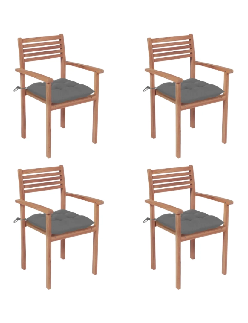 imagem de Cadeiras de jardim c/ almofadões cinzentos 4 pcs，Poltrona de jardim，Cadeira exterior teca maciça CFW371011