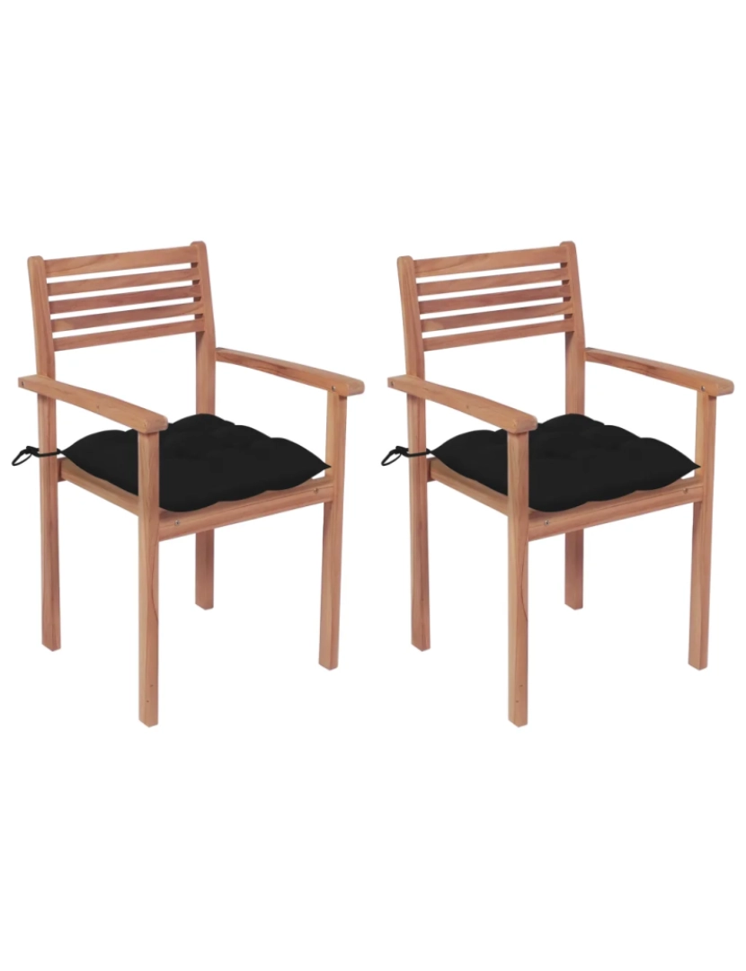 imagem de Cadeiras de jardim c/ almofadões pretos 2 pcs，Poltrona de jardim，Cadeira exterior teca maciça CFW138501