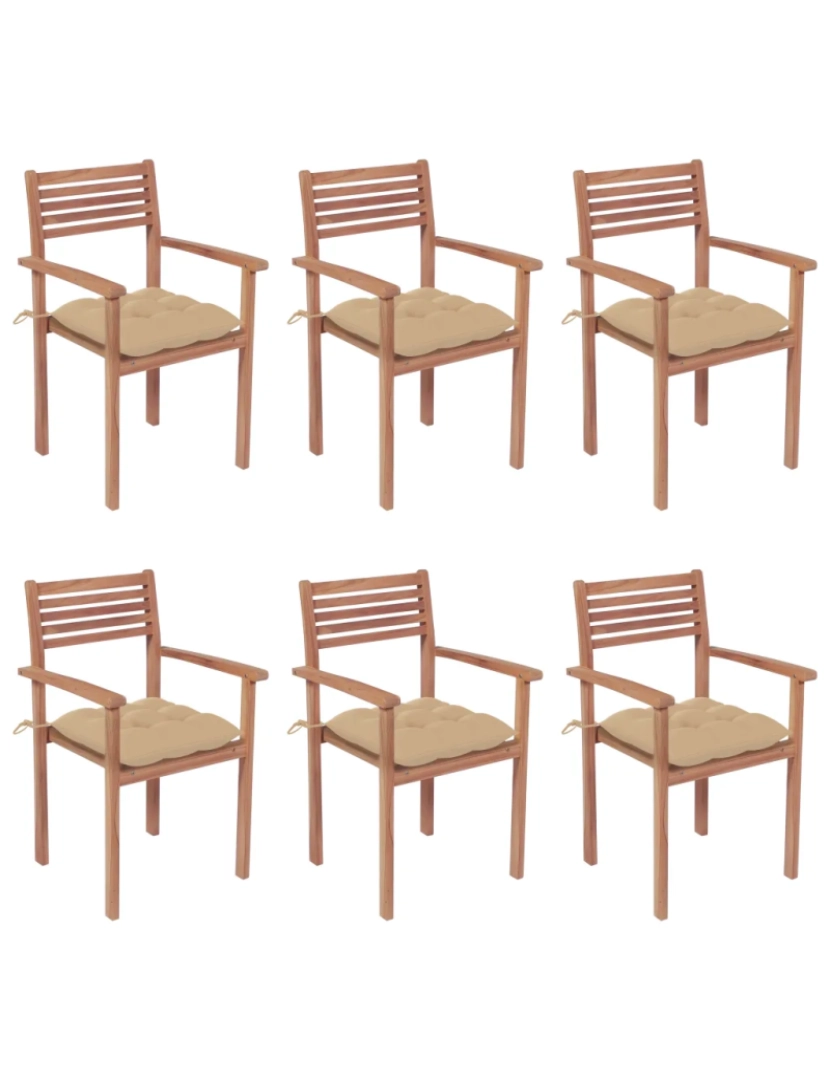 imagem de Cadeiras de jardim empilháveis c/ almofadões 6 pcs，Poltrona de jardim，Cadeira exterior teca maciça CFW324451