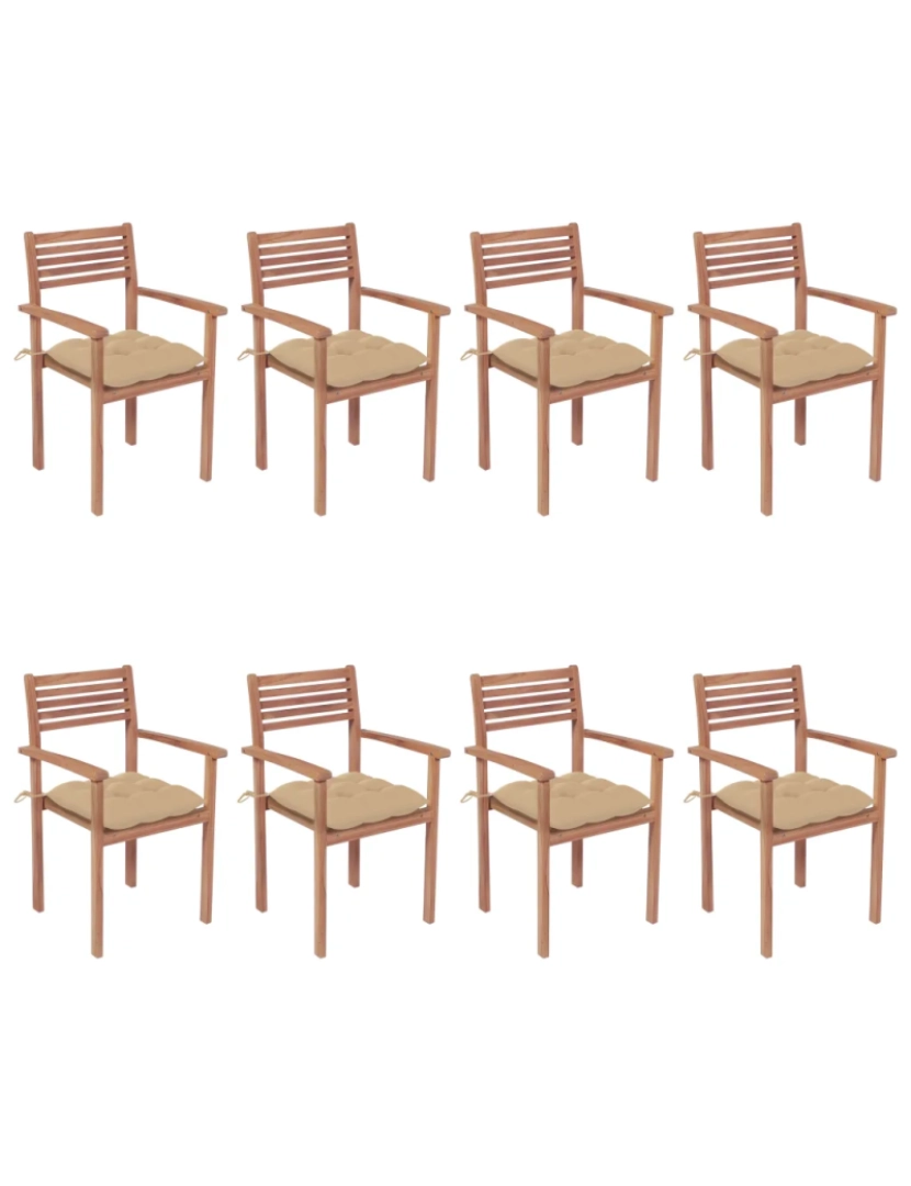 Vidaxl - Cadeiras de jardim empilháveis c/ almofadões 8 pcs，Poltrona de jardim，Cadeira exterior teca maciça CFW29355