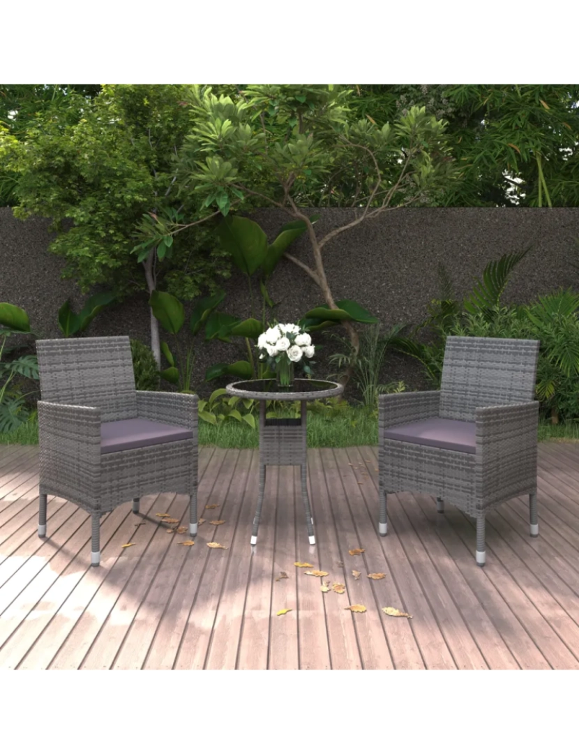 imagem de 3 pcs Conjunto Jardim Refeição conjunto de jantar para jardim vime PE cinzento CFW457731