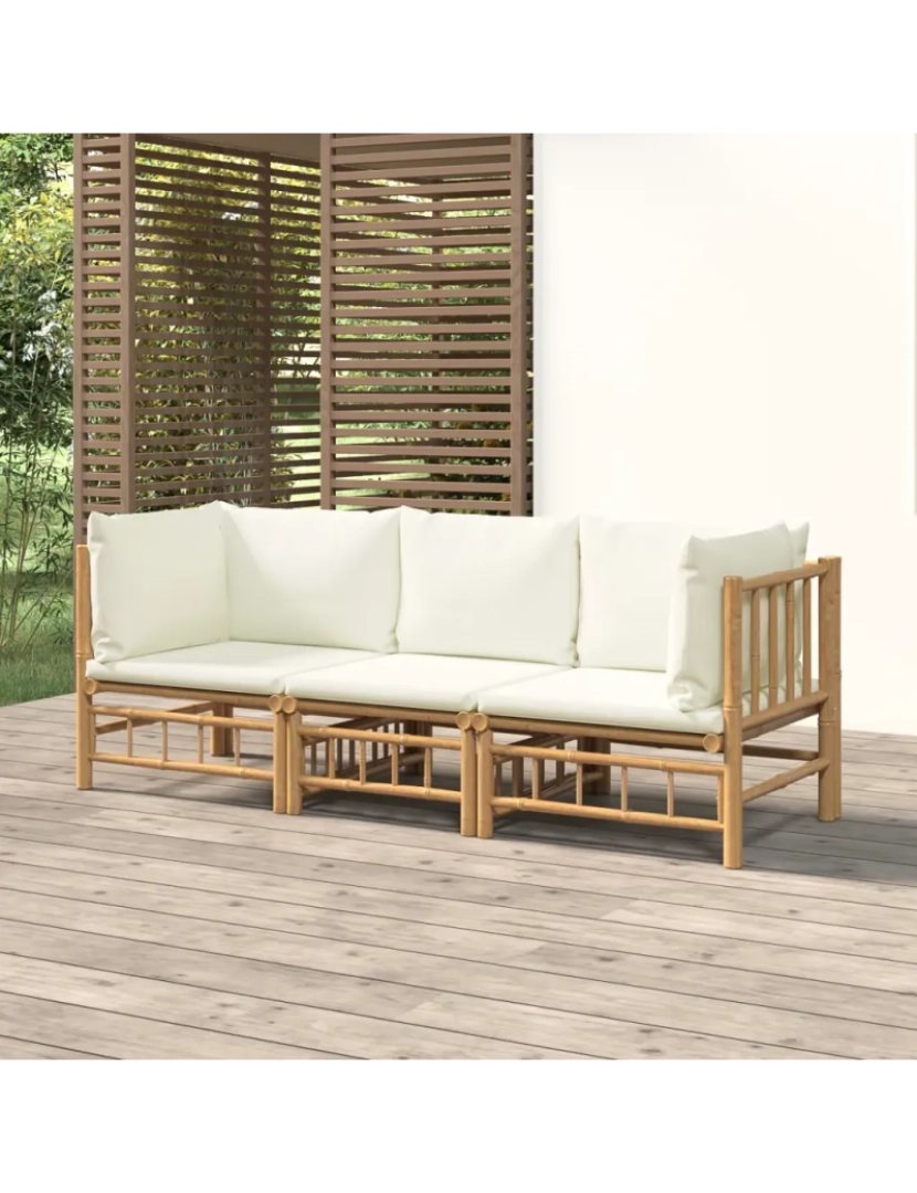 imagem de 3 pcs conjunto lounge de jardim Conjuntos Relax Jardim bambu c/ almofadões branco nata CFW5157101