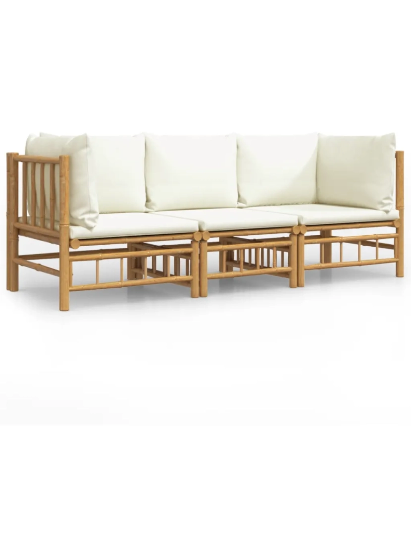 imagem de 3 pcs conjunto lounge de jardim Conjuntos Relax Jardim bambu c/ almofadões branco nata CFW5157102
