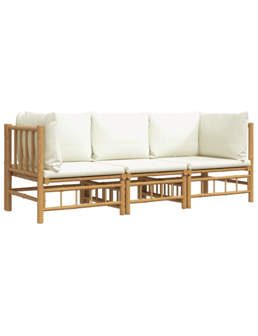 imagem de 3 pcs conjunto lounge de jardim Conjuntos Relax Jardim bambu c/ almofadões branco nata CFW5157103