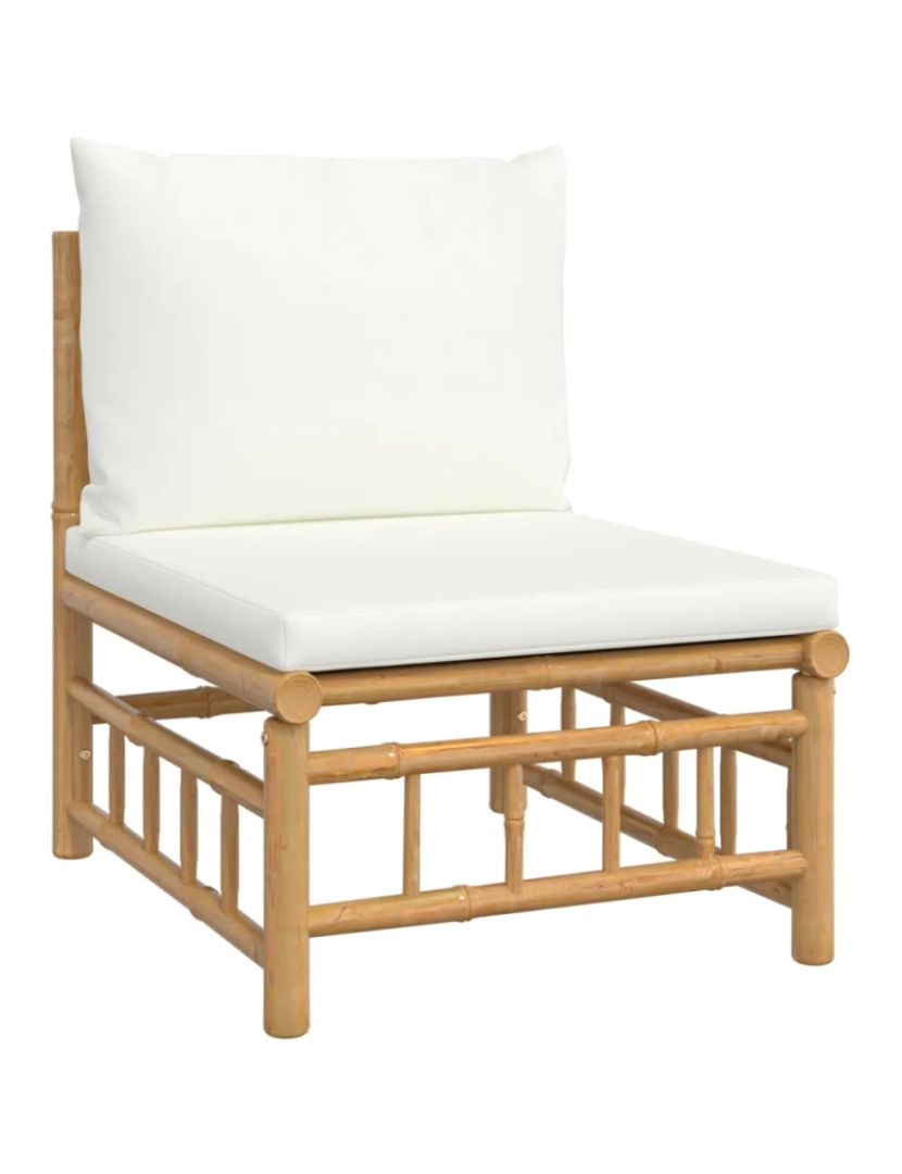 imagem de 3 pcs conjunto lounge de jardim Conjuntos Relax Jardim bambu c/ almofadões branco nata CFW5157105