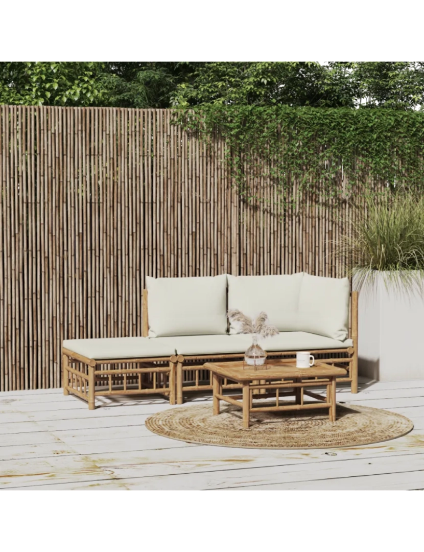 imagem de 3 pcs conjunto lounge de jardim Conjuntos Relax Jardim bambu c/ almofadões branco nata CFW6857541