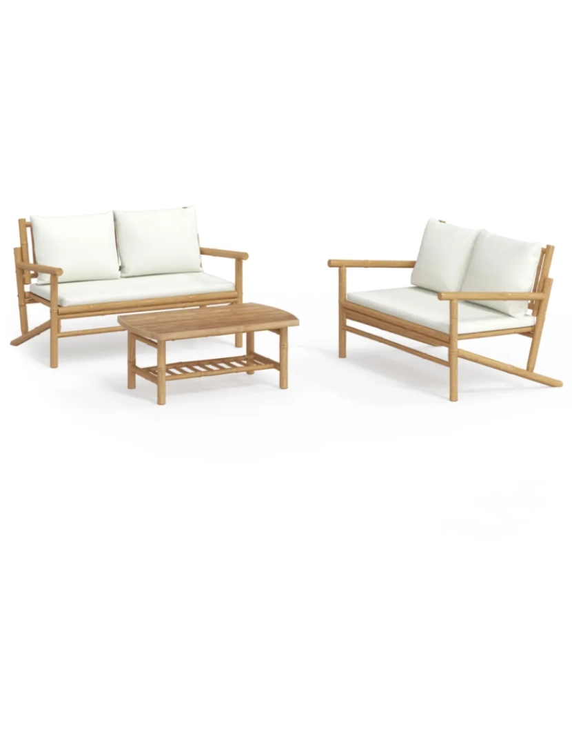 imagem de 3 pcs conjunto lounge de jardim Conjuntos Relax Jardim bambu c/ almofadões branco nata CFW8487952