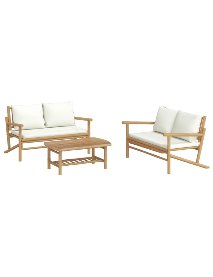 imagem de 3 pcs conjunto lounge de jardim Conjuntos Relax Jardim bambu c/ almofadões branco nata CFW8487953