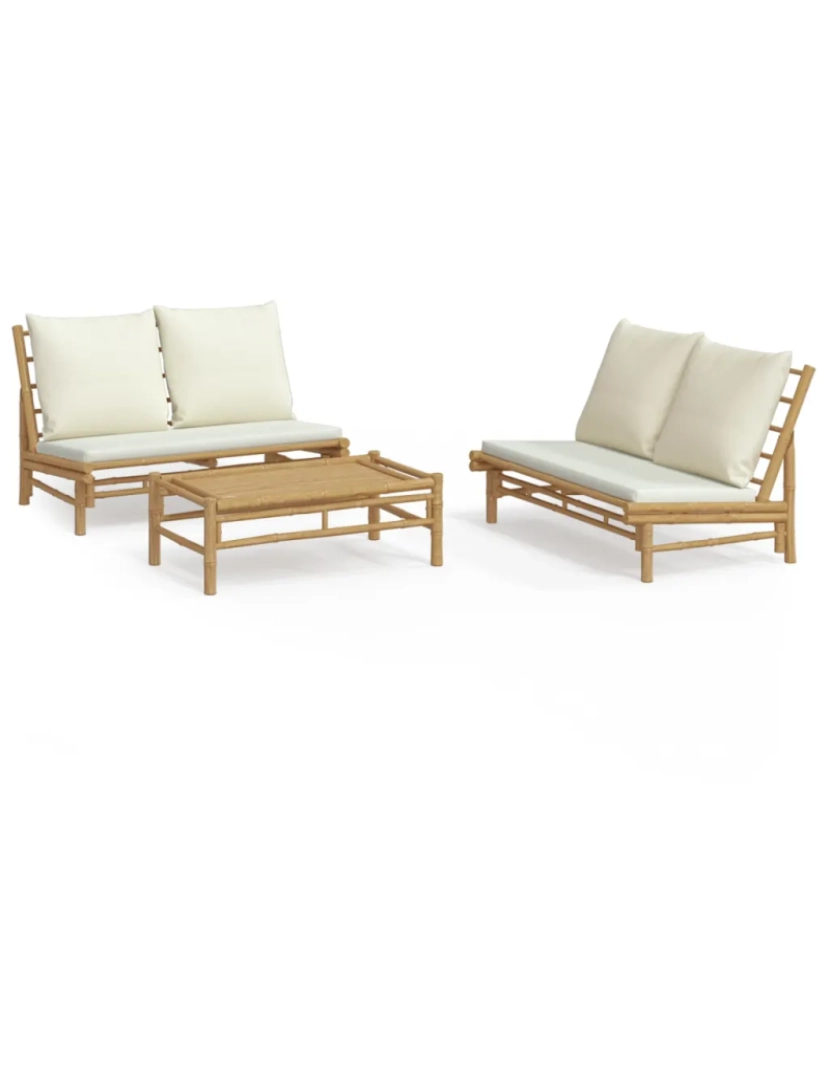 imagem de 3 pcs conjunto lounge de jardim Conjuntos Relax Jardim bambu c/ almofadões branco nata CFW5571952
