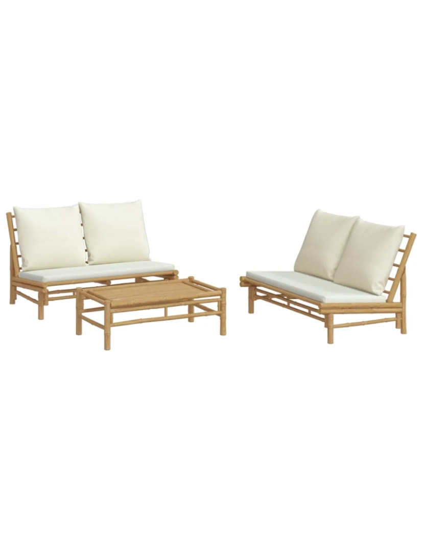 imagem de 3 pcs conjunto lounge de jardim Conjuntos Relax Jardim bambu c/ almofadões branco nata CFW5571953