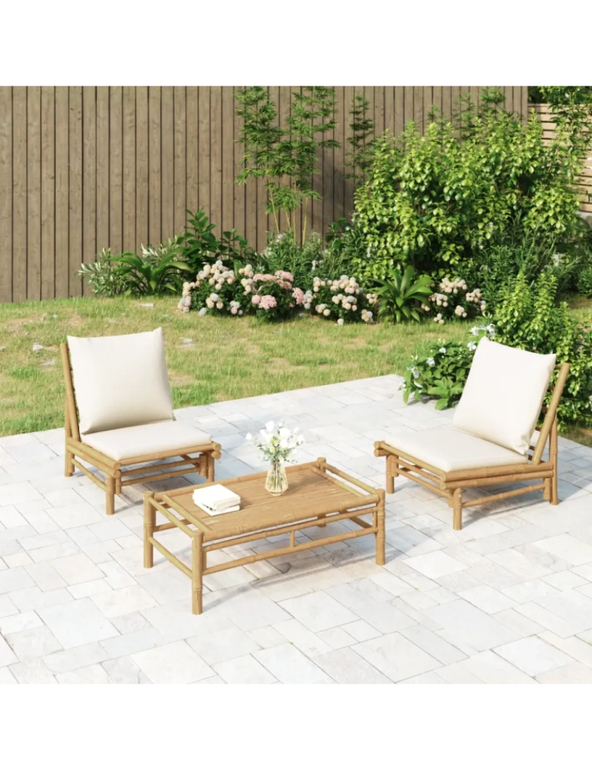 imagem de 3 pcs conjunto lounge de jardim Conjuntos Relax Jardim bambu c/ almofadões branco nata CFW1831671