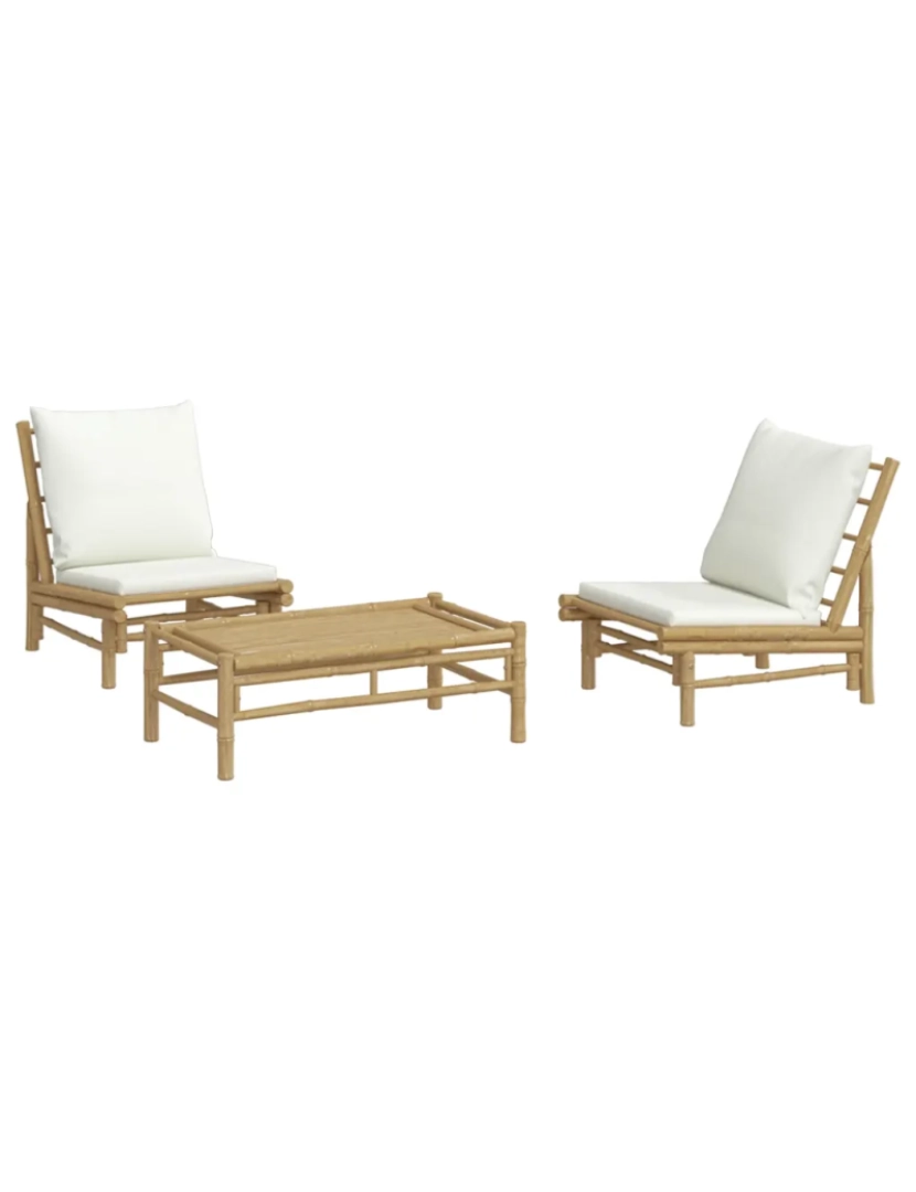 imagem de 3 pcs conjunto lounge de jardim Conjuntos Relax Jardim bambu c/ almofadões branco nata CFW1831673
