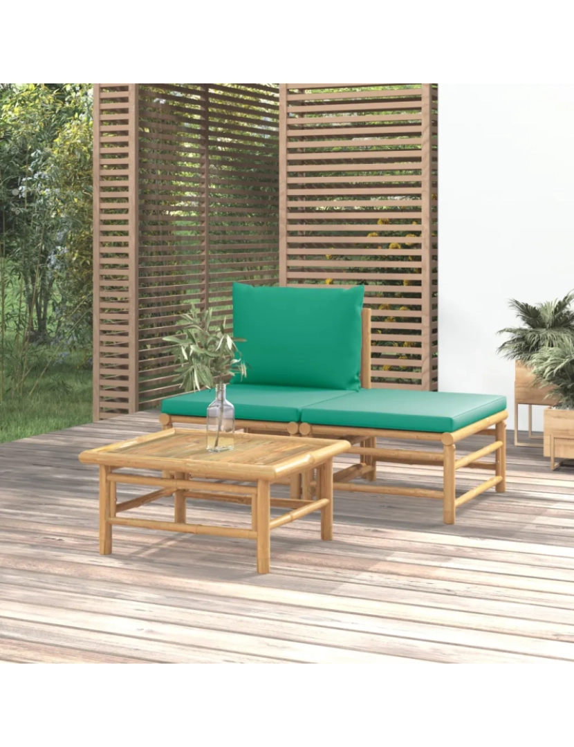 imagem de 3 pcs conjunto lounge de jardim Conjuntos Relax Jardim bambu c/ almofadões verdes CFW9424071