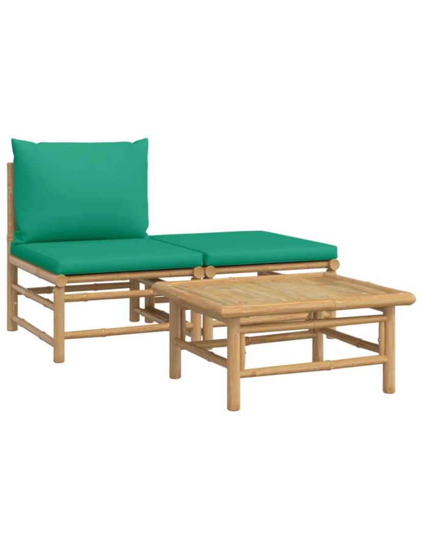 imagem de 3 pcs conjunto lounge de jardim Conjuntos Relax Jardim bambu c/ almofadões verdes CFW9424072