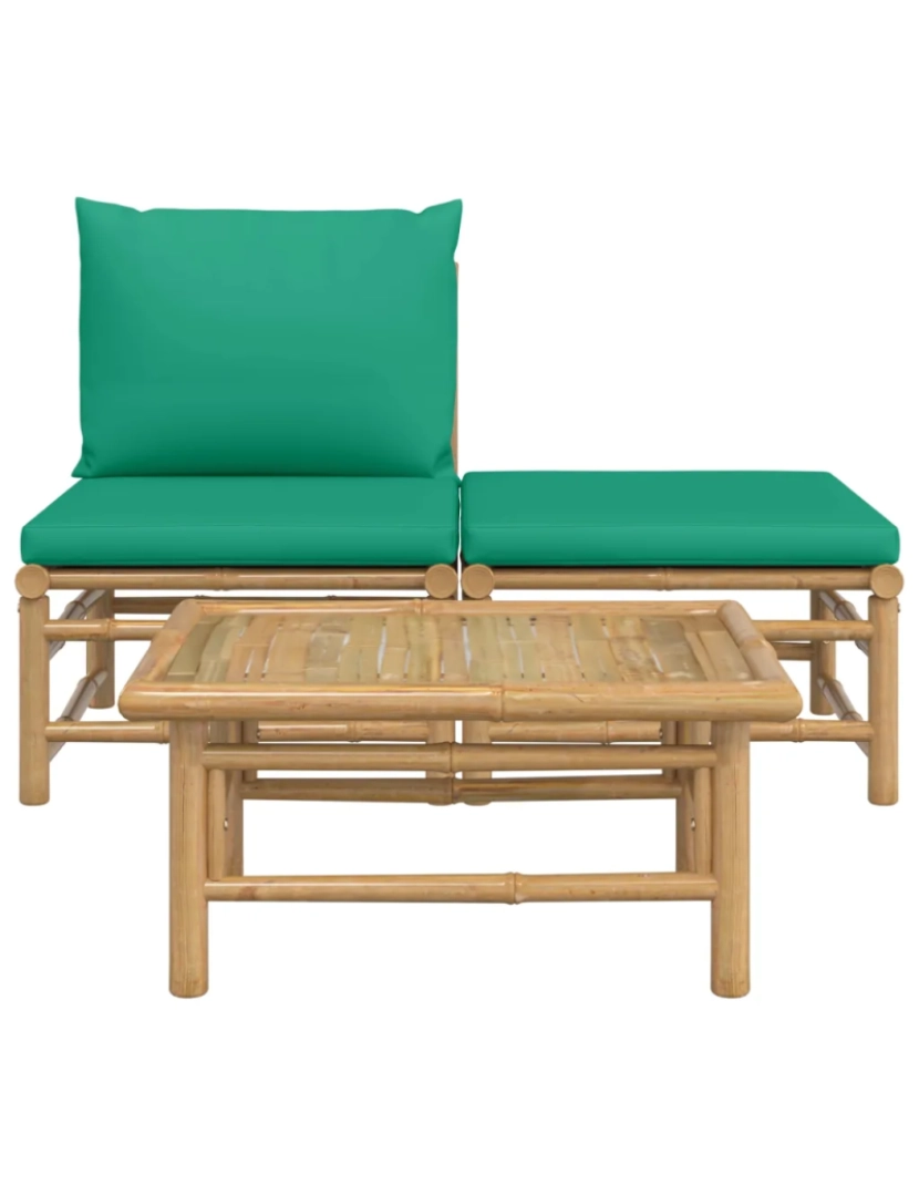 imagem de 3 pcs conjunto lounge de jardim Conjuntos Relax Jardim bambu c/ almofadões verdes CFW9424073