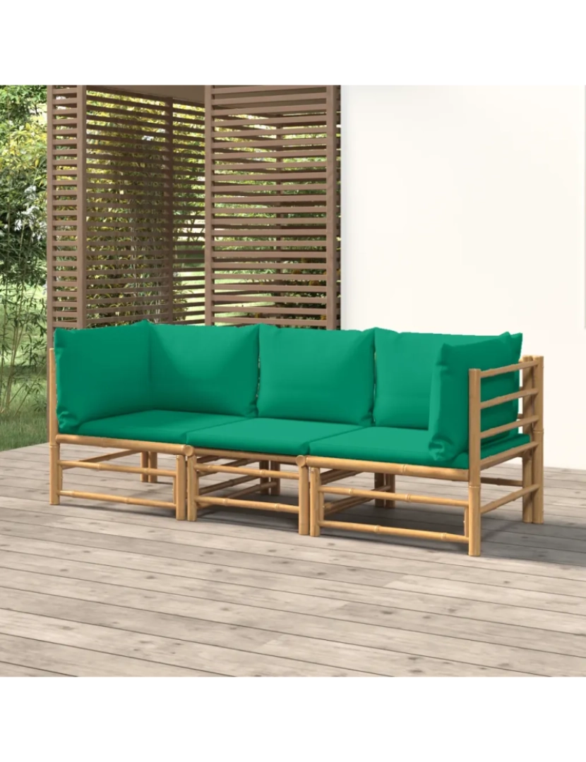imagem de 3 pcs conjunto lounge de jardim Conjuntos Relax Jardim bambu c/ almofadões verdes CFW9030301