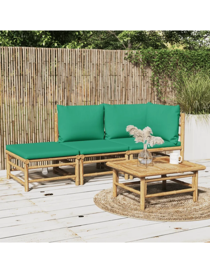 imagem de 3 pcs conjunto lounge de jardim Conjuntos Relax Jardim bambu c/ almofadões verdes CFW9024871