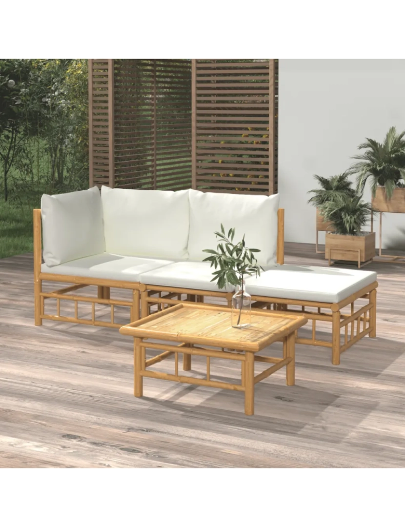 imagem de 4 pcs conjunto lounge de jardim Conjuntos Relax Jardim bambu c/ almofadões branco nata CFW3824311