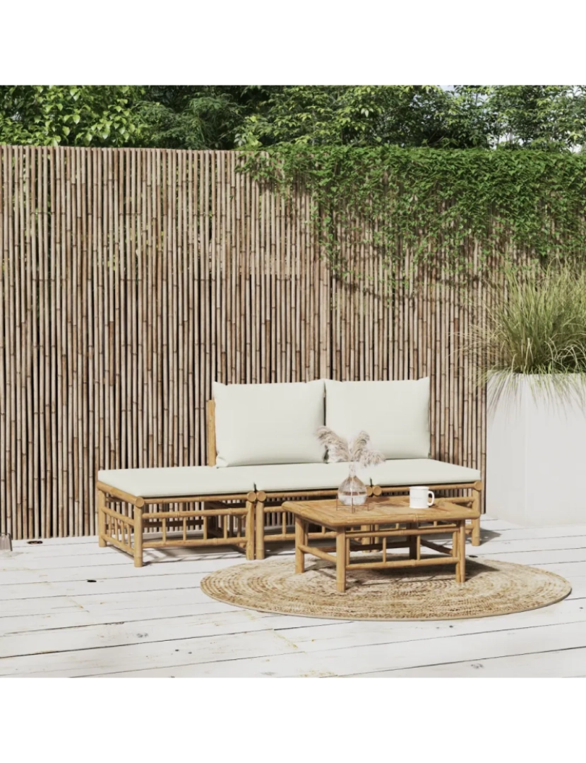 imagem de 4 pcs conjunto lounge de jardim Conjuntos Relax Jardim bambu c/ almofadões branco nata CFW4302311