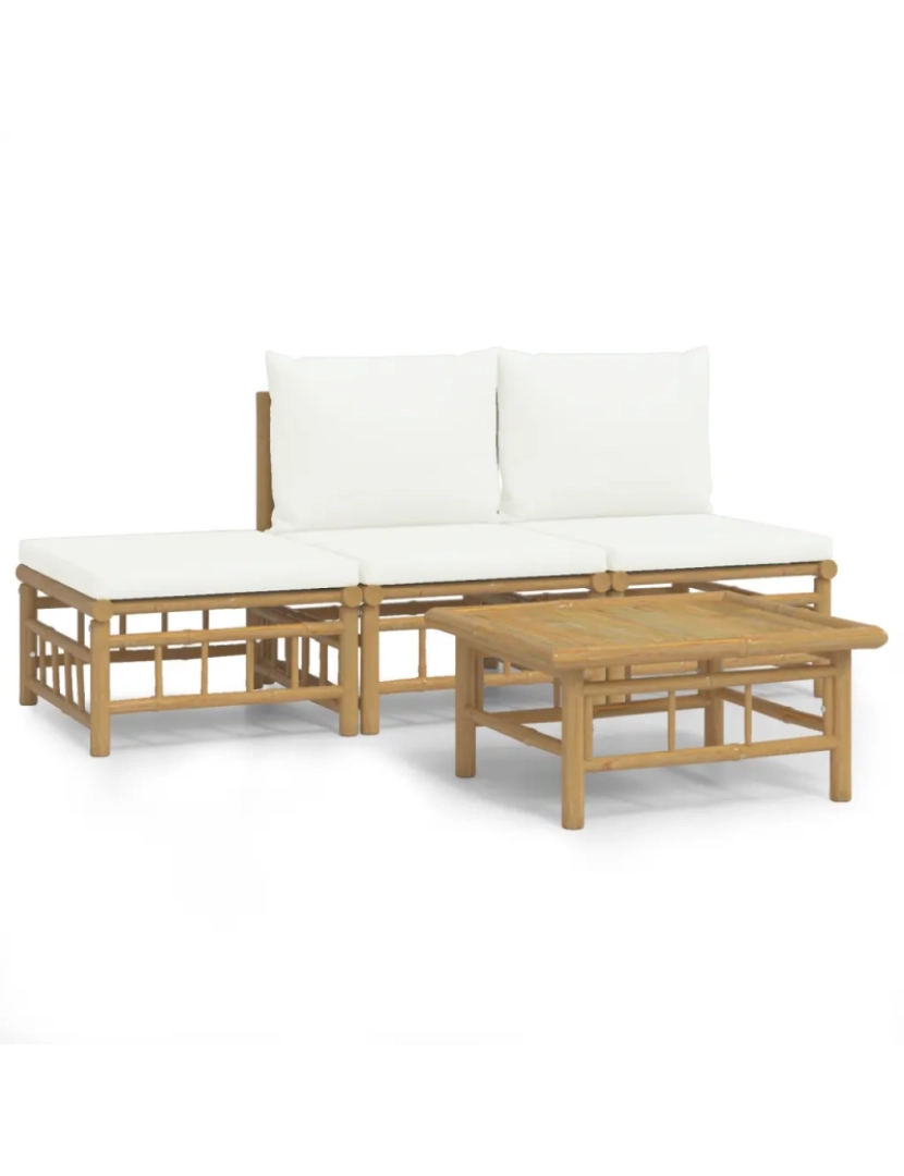 imagem de 4 pcs conjunto lounge de jardim Conjuntos Relax Jardim bambu c/ almofadões branco nata CFW4302312