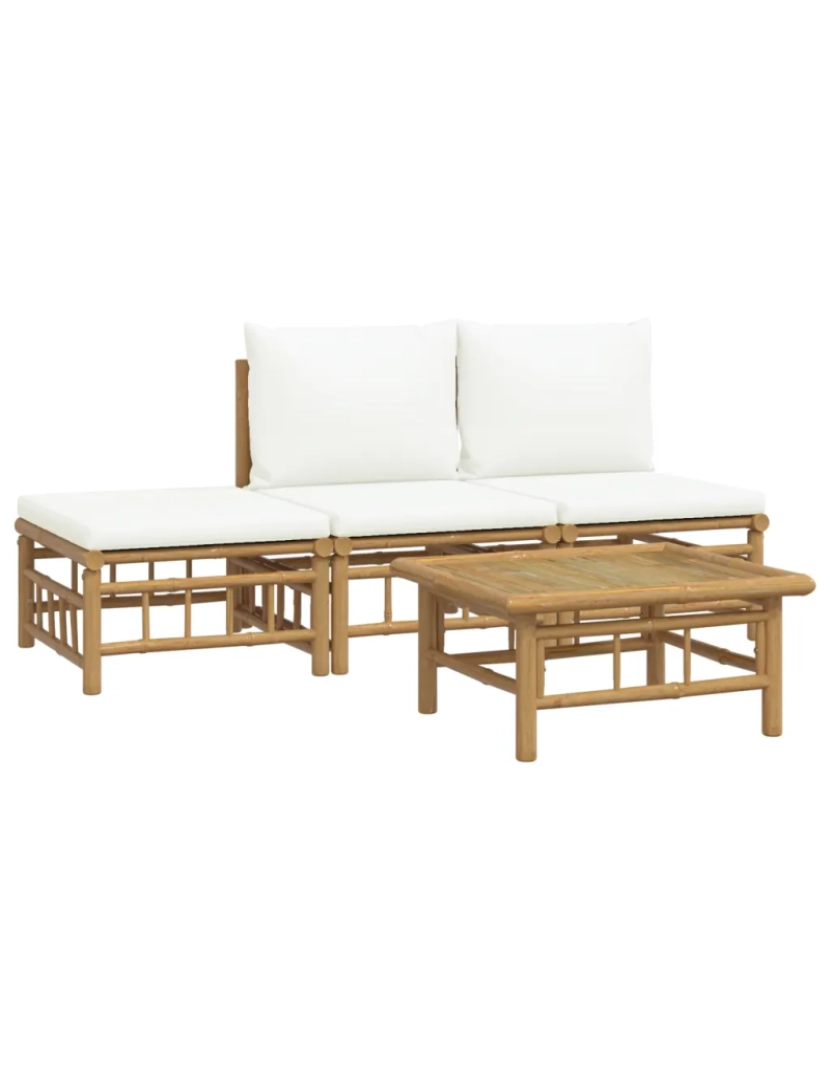 imagem de 4 pcs conjunto lounge de jardim Conjuntos Relax Jardim bambu c/ almofadões branco nata CFW4302313