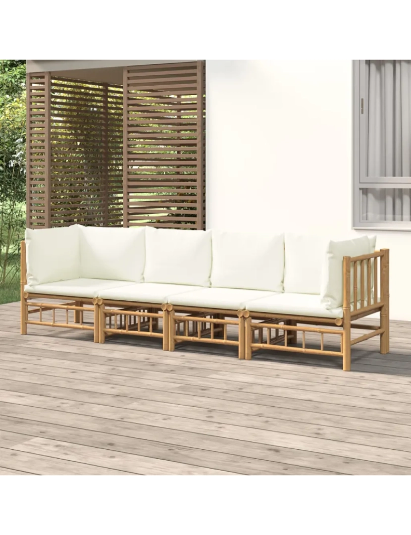 imagem de 4 pcs conjunto lounge de jardim Conjuntos Relax Jardim bambu c/ almofadões branco nata CFW8726771