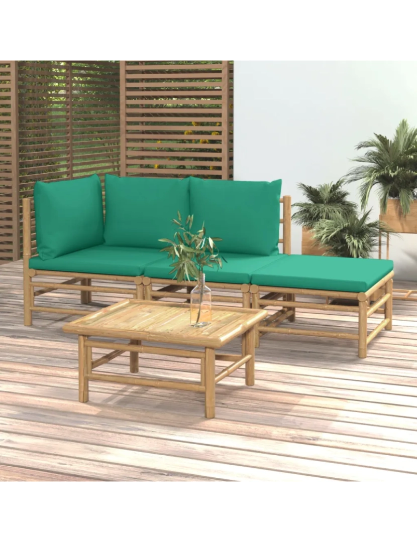 imagem de 4 pcs conjunto lounge de jardim Conjuntos Relax Jardim bambu c/ almofadões verdes CFW1300431