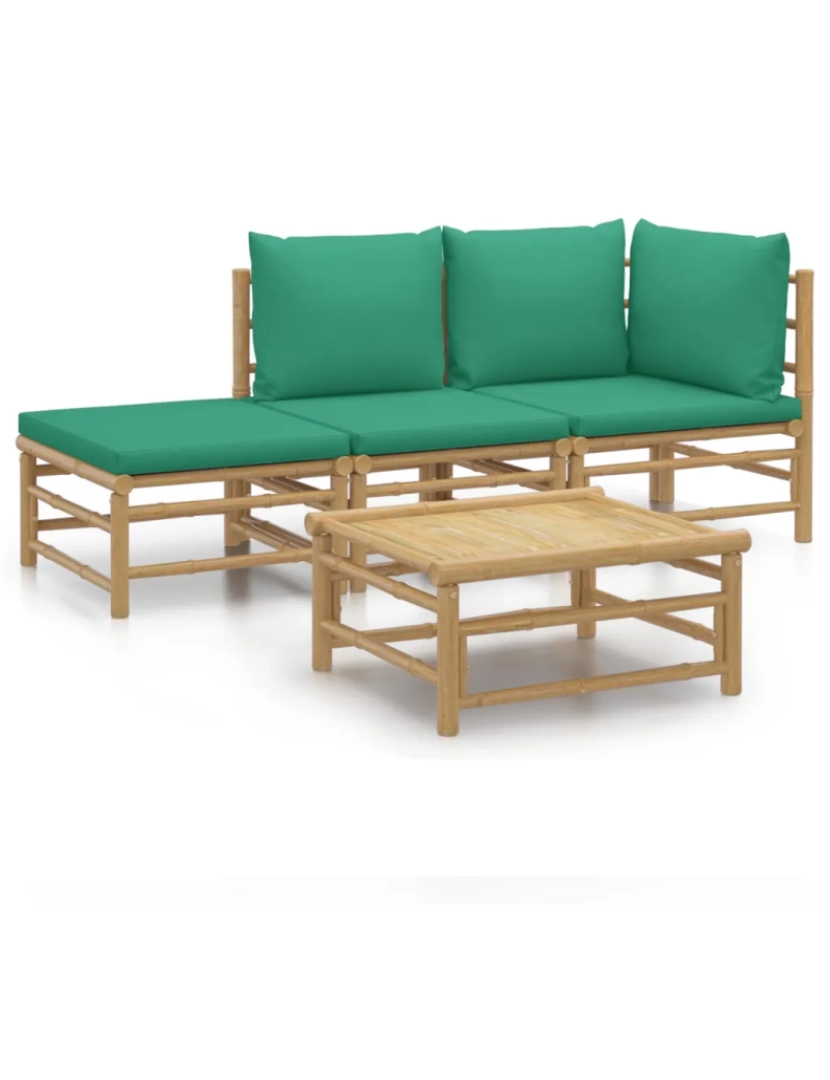 imagem de 4 pcs conjunto lounge de jardim Conjuntos Relax Jardim bambu c/ almofadões verdes CFW1300432